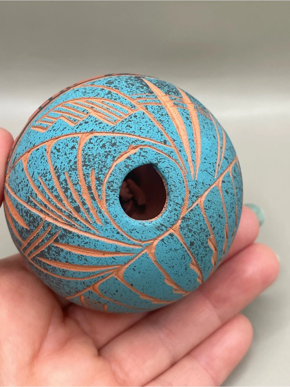 VTG Signed Pueblo Mexican Terracotta Clay Village 3” Ornament Turquoise Color
